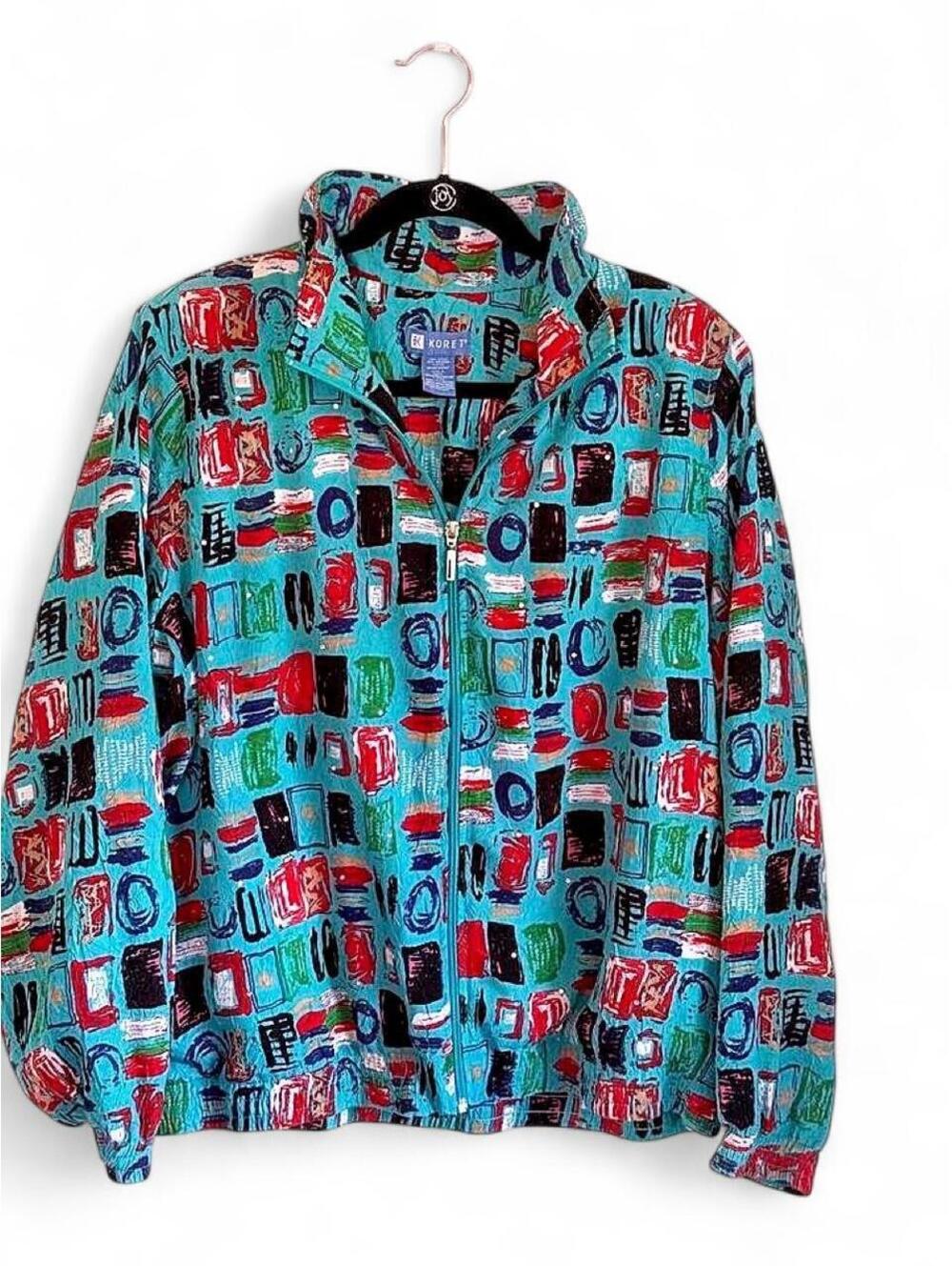 Vintage Koret Womens L Teal Abstract Print Jacket 80s 90s Shoulder Pads